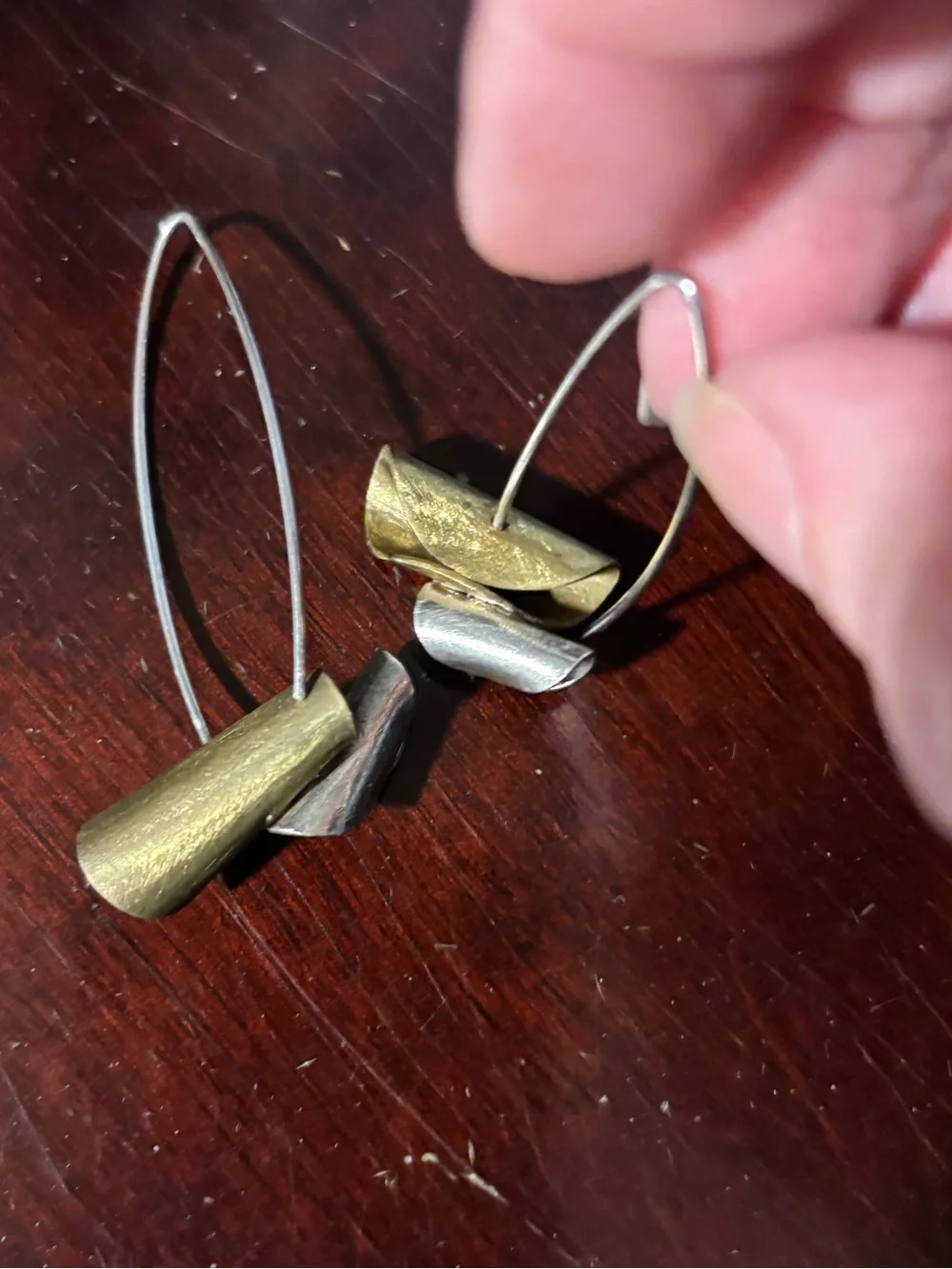Two-Tone Gold & Silver Colored Metal Drop Earrings - Handmade Sculptural Design